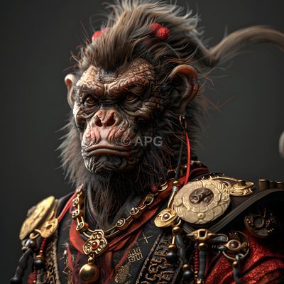 Kriegerischer Affenkönig in Rüstung (KI-generierte Darstellung)